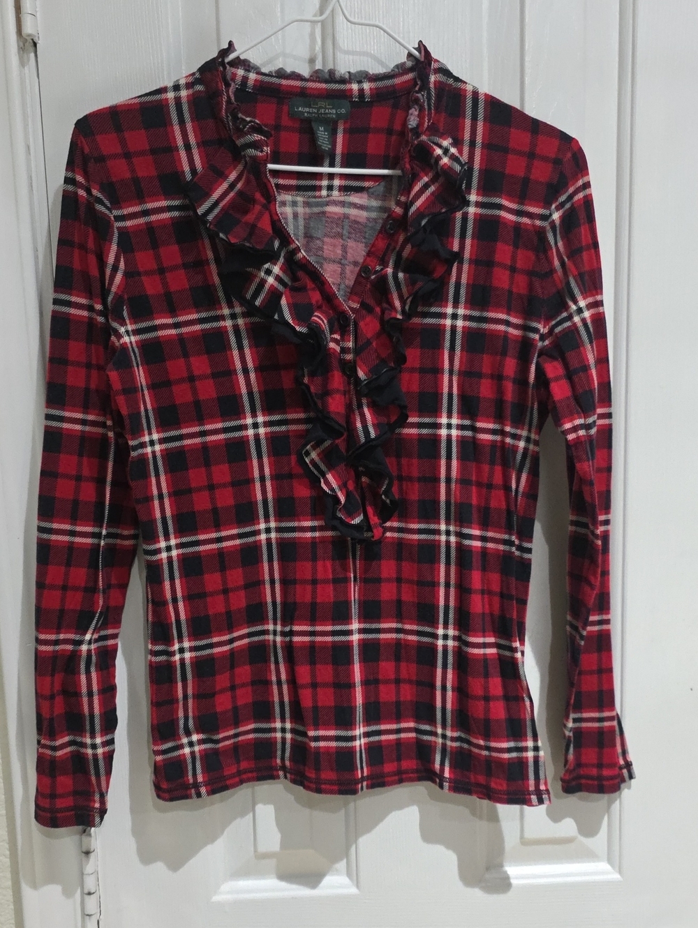 Lauren Ralph Lauren Red and Black Plaid Ruffle-Trim Long Sleeve Top Size M